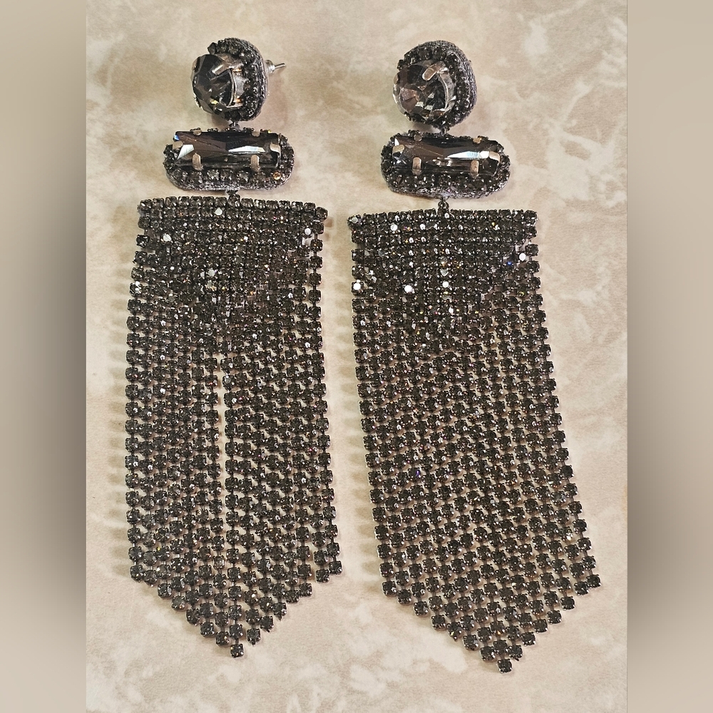 Deepa Gurnani Striking Silvery Black Crystal fringe dangle statement Earrings